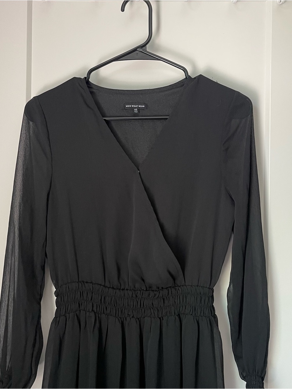 Who What Wear Black Long Sleeve Surplice Waist-Detail Midi Dress